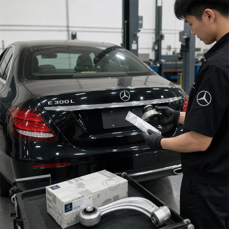 奔驰E300L豪车车主与维修人员核对车型铭牌和配件实物
