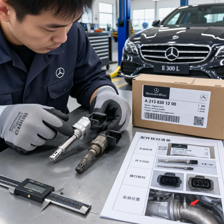 维修人员核对奔驰E300L配件型号与实物细节